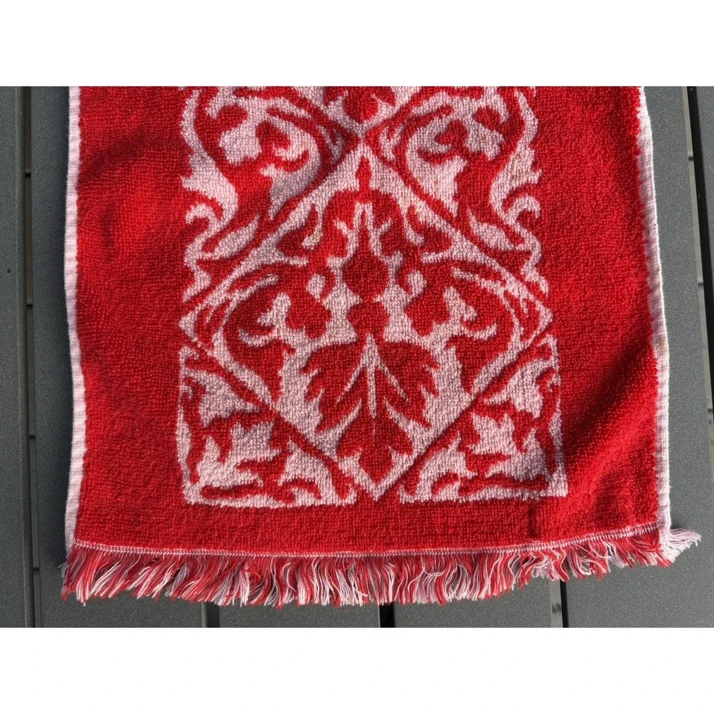 Vintage single hand towel Martex Towels of Elegance fringed red and pink 1970's